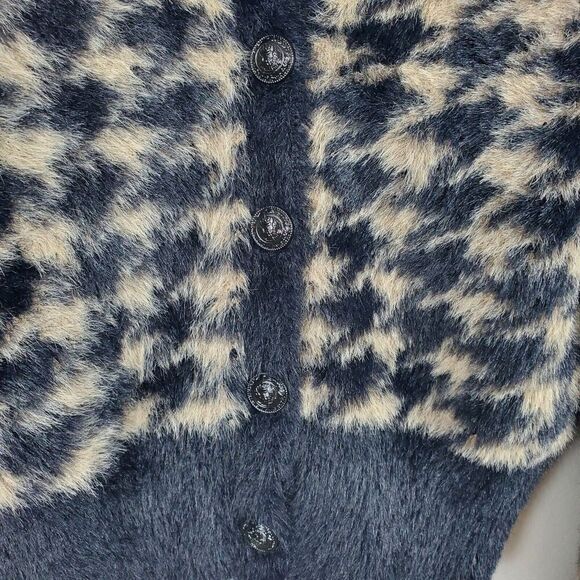 Elie Tahari Faux Fur Houndstooth Button Up Sweater Fuzzy Jacket Womens Sz S - Picture 3 of 11